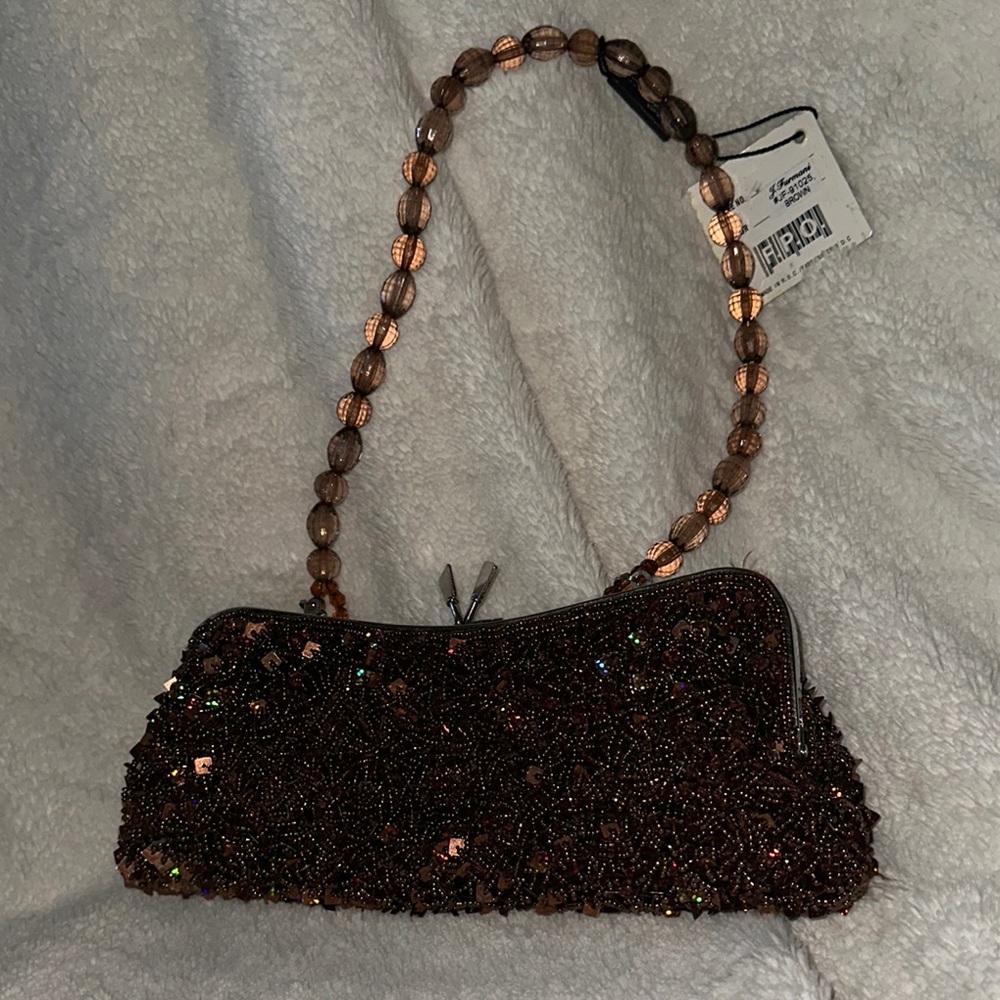 Elegant Beaded Evening Bag - Brown